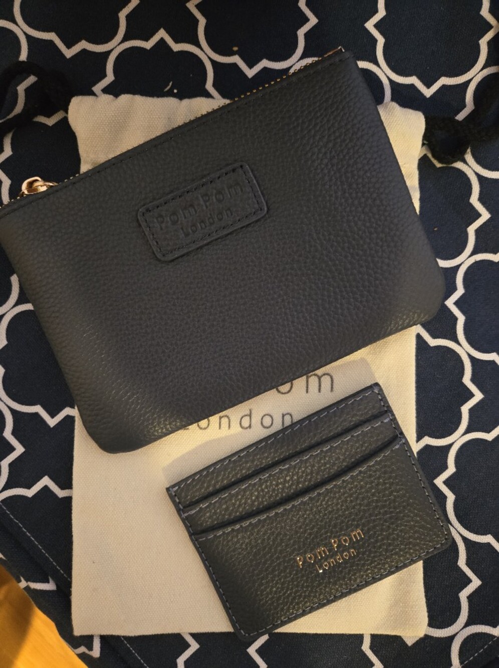Pom Pom London Slate Pebbled Leather Zip Wallet with Card Holder